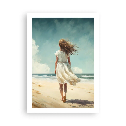 Affiche - Poster - Une femme en robe blanche marchant sur la plage au bord de la mer - 50x70cm - Pour rencontrer le soleil et le vent - Décoration murale moderne pour le salon et la chambre ARTTOR