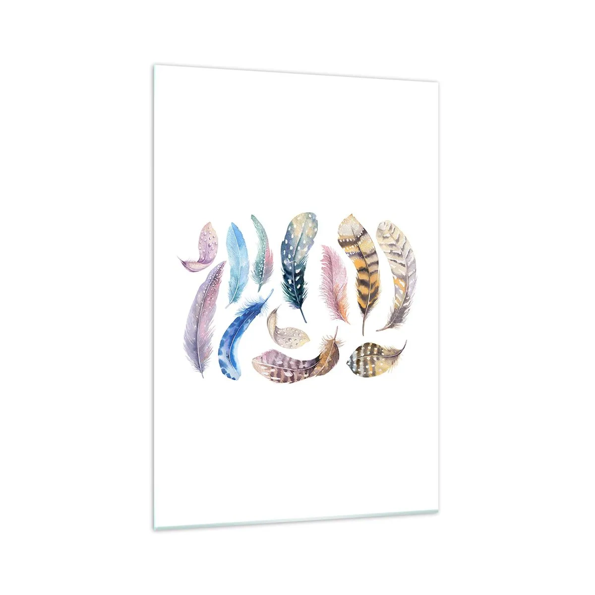 Impression sur verre - Image sur verre - Plumes colorées dans un style aquarelle délicat - 70x100cm - Léger, bariolé et multicolore - Décoration murale moderne pour le salon et la chambre ARTTOR