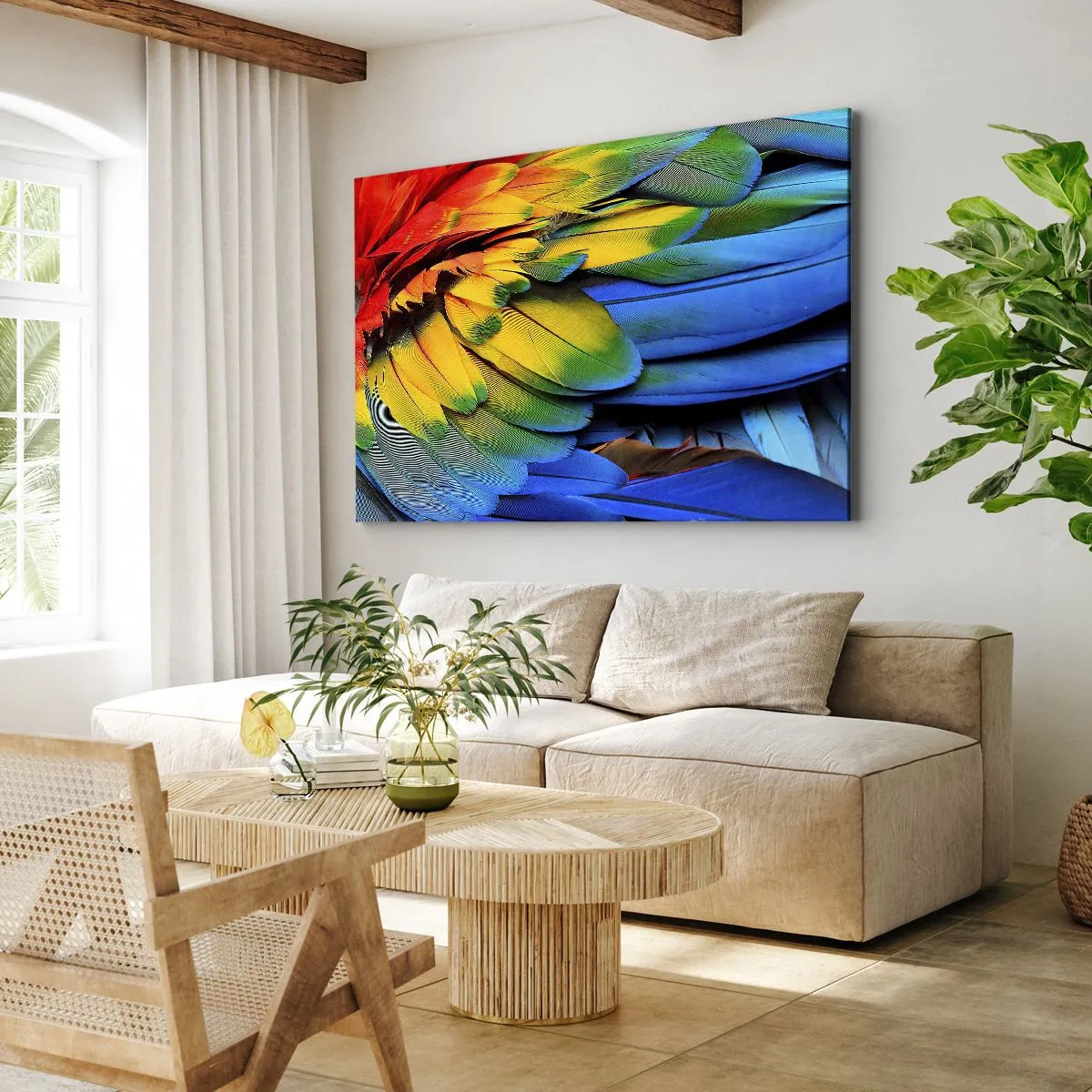 Impression sur toile - Image sur toile - Gros plan des plumes colorées d'un perroquet - 70x50cm - Oiseau de paradis - Décoration murale moderne pour le salon et la chambre ARTTOR