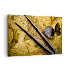 Impression sur toile - Image sur toile - Une carte du monde antique avec une boussole et un compas en arrière-plan - 100x70cm - Où sont ces trésors? - Décoration murale moderne pour le salon et la chambre ARTTOR