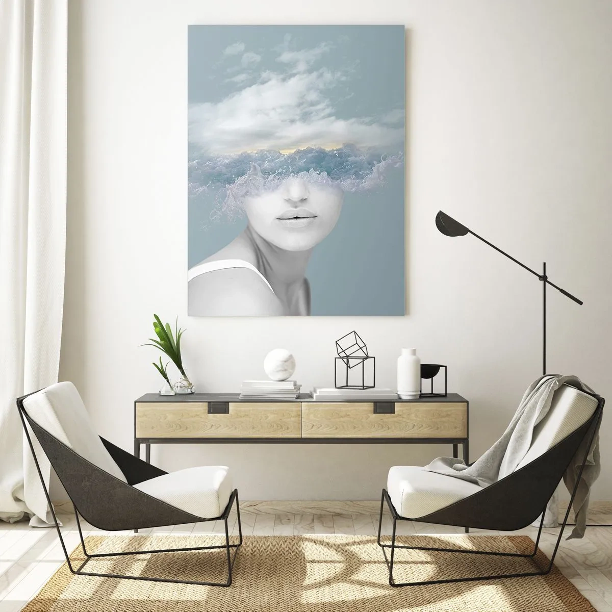 Impression sur verre - Image sur verre - Portrait d'une femme avec son visage caché derrière les nuages et les vagues - 80x120cm - La tête dans les nuages - Décoration murale moderne pour le salon et la chambre ARTTOR