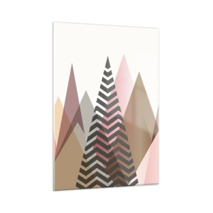 Impression sur verre - Image sur verre - Montagnes pastel géométriques avec un motif central - 50x70cm - Vue pyramidale - Décoration murale moderne pour le salon et la chambre ARTTOR