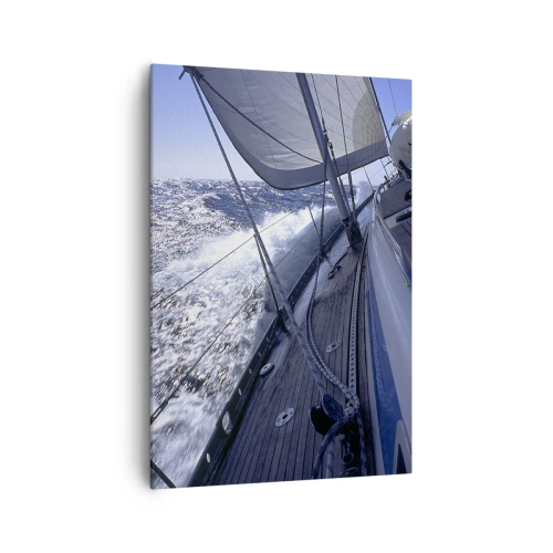 Impression sur toile - Image sur toile - Un voilier dans une mer agitée avec des voiles blanches et un pont en bois. - 70x100cm - Je sais ce que c'est d'être un oiseau - Décoration murale moderne pour le salon et la chambre ARTTOR