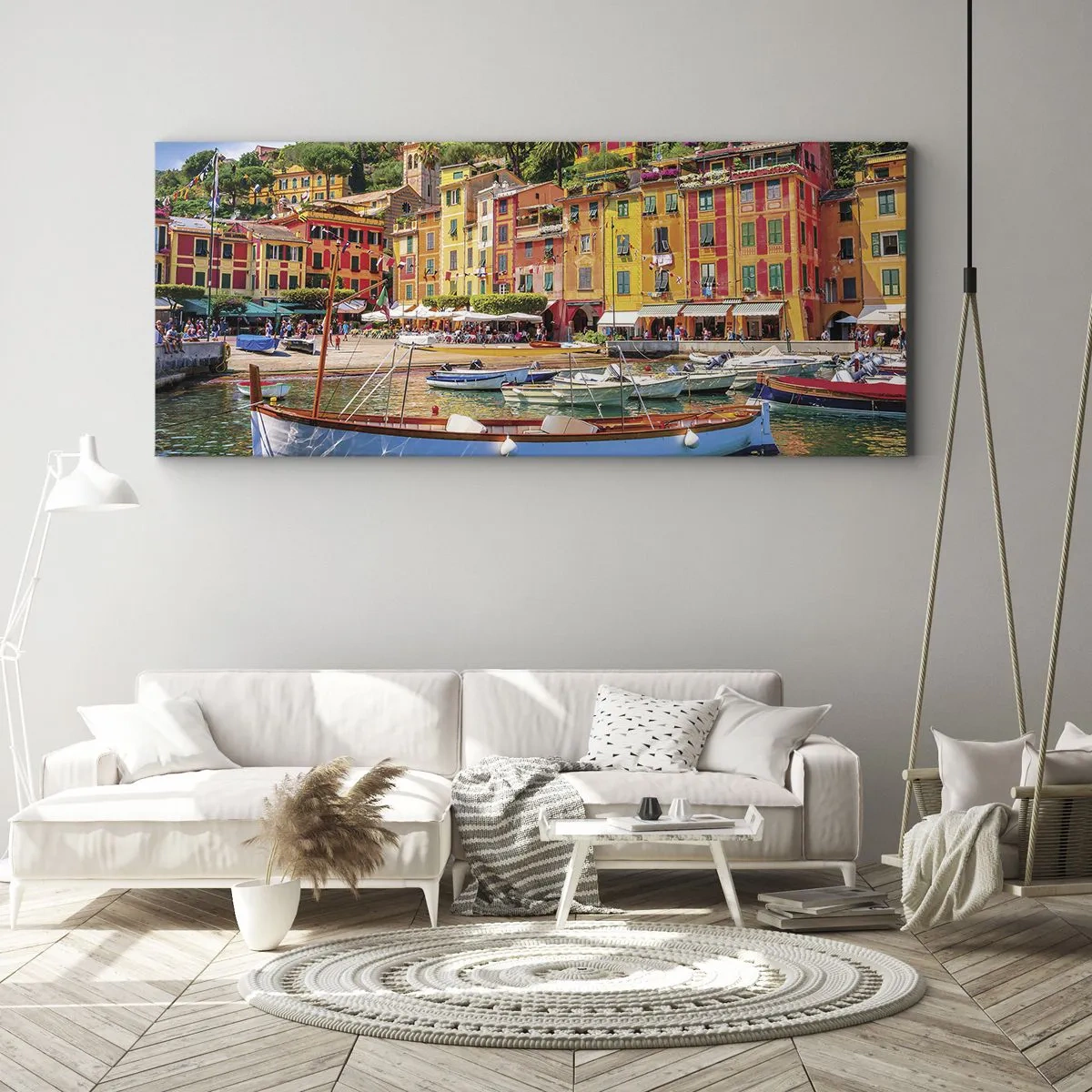 Impression sur toile - Image sur toile - Maisons de ville colorées et bateaux dans une ville balnéaire italienne - 140x50cm - Matinée italienne - Décoration murale moderne pour le salon et la chambre ARTTOR