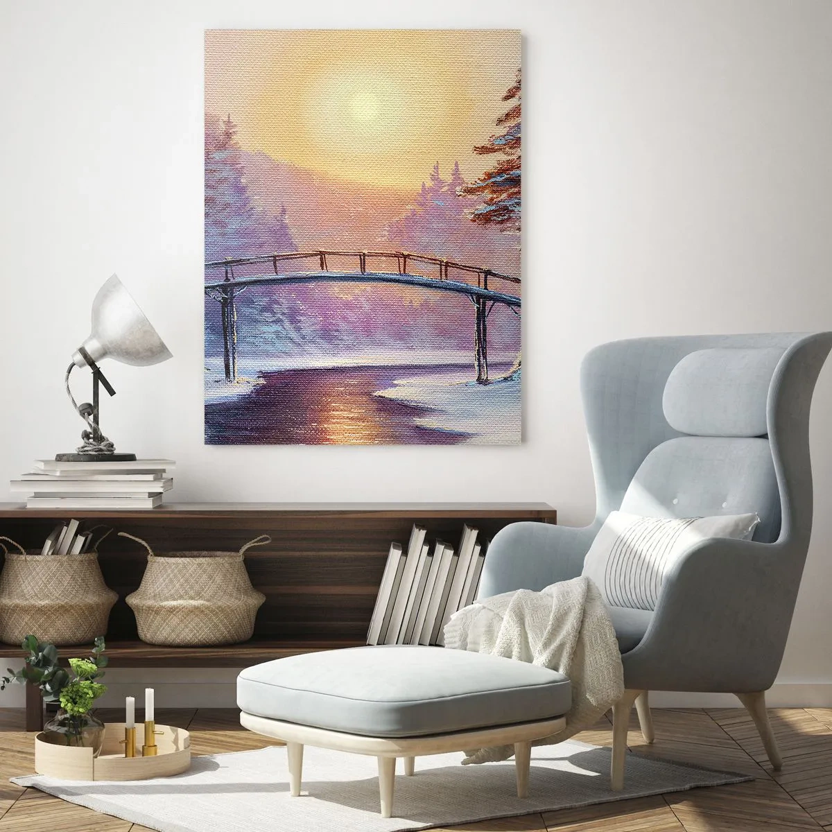 Impression sur verre - Image sur verre - Paysage d'hiver avec un pont illuminé par le coucher du soleil - 70x100cm - Quatre saisons - hiver - Décoration murale moderne pour le salon et la chambre ARTTOR