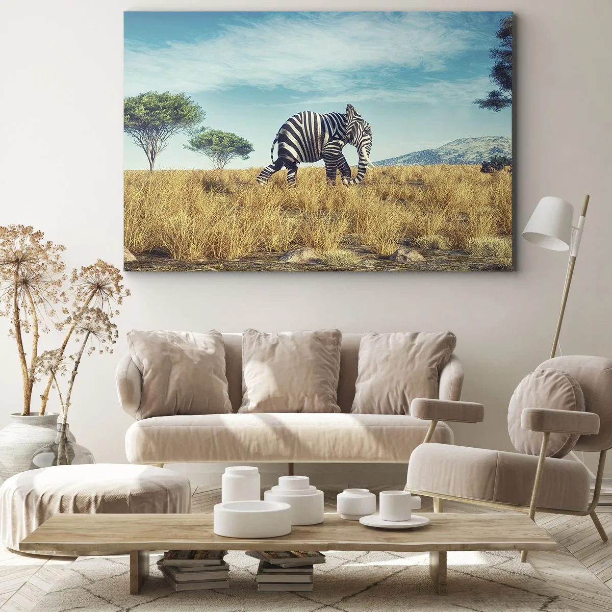 Impression sur toile - Image sur toile - Zèbre dans un paysage africain - 70x50cm - Le gris n'est déjà plus à la mode - Décoration murale moderne pour le salon et la chambre ARTTOR