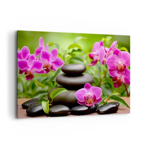 Impression sur toile - Image sur toile - Orchidées roses avec des pierres sur fond vert - 100x70cm - Pyramide de la Paix - Décoration murale moderne pour le salon et la chambre ARTTOR