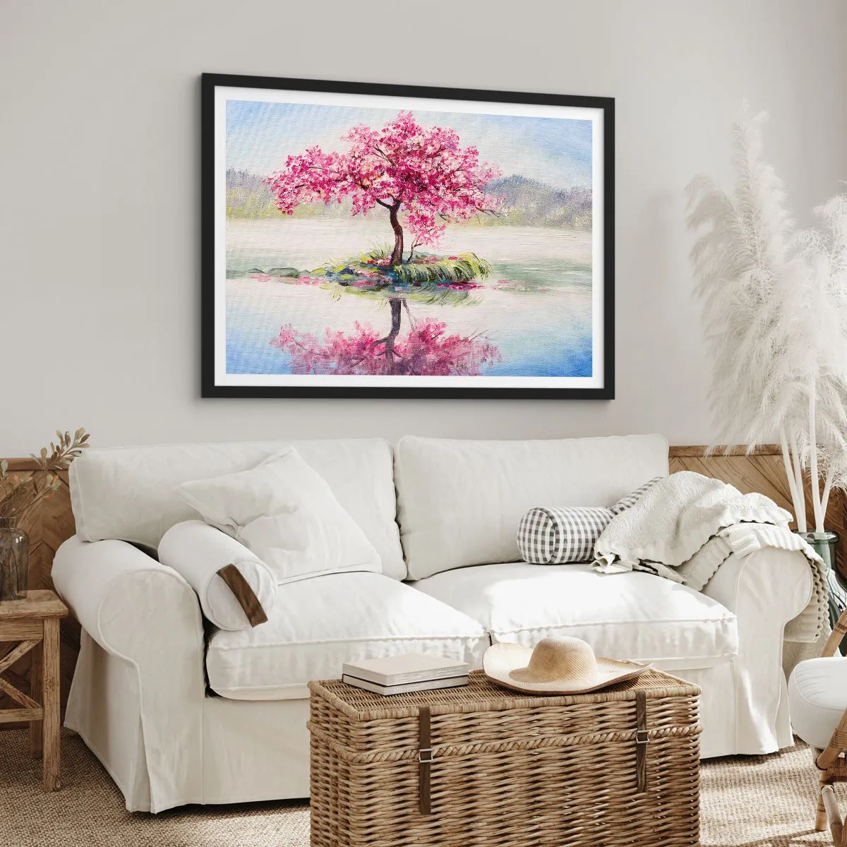 Affiche dans un cadre noir - Poster - Un arbre en fleurs sur une eau calme - 70x50cm - Fête du Printemps - Décoration murale moderne pour le salon et la chambre ARTTOR