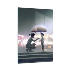 Impression sur verre - Image sur verre - Personnages sous la pluie avec des parapluies sur fond de lumières nocturnes - 50x70cm - Et maintenant, tout va bien - Décoration murale moderne pour le salon et la chambre ARTTOR