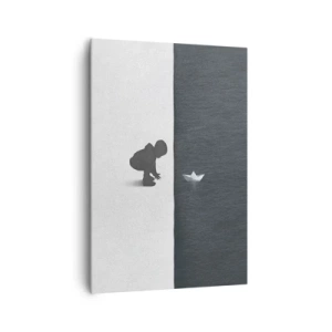 Impression sur toile - Image sur toile - Une figure d'enfant avec un bateau en papier sur un fond de moitiés contrastées - 70x100cm - Grande expédition - Décoration murale moderne pour le salon et la chambre ARTTOR