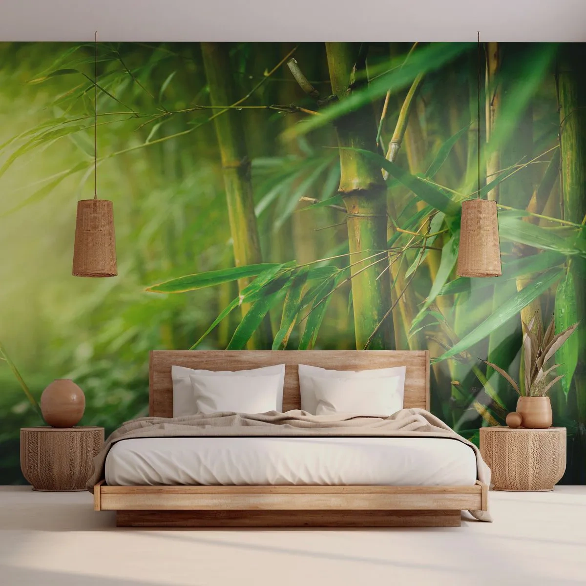 Papier Peint Photo Premium Sand - Forêt de bambous verts au soleil - 100x70cm - Apprenez à connaître le vert lui-même - Décoration murale moderne pour le salon et la chambre ARTTOR