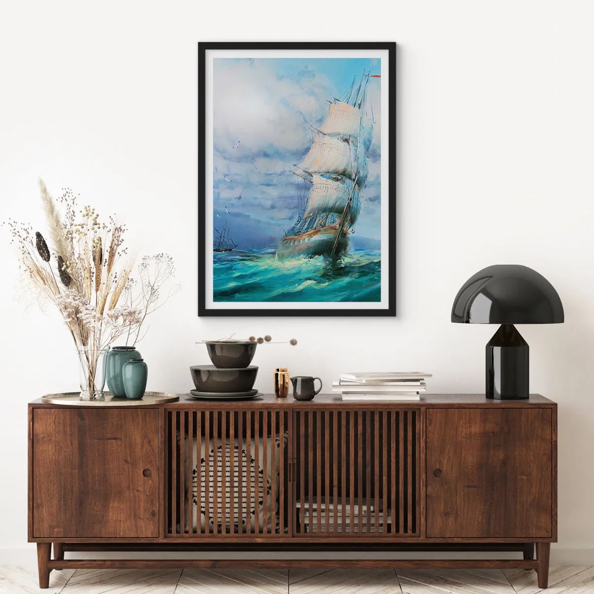 Affiche dans un cadre noir - Poster - Un voilier sur une mer agitée à l'aquarelle - 50x70cm - Vents favorables - Décoration murale moderne pour le salon et la chambre ARTTOR