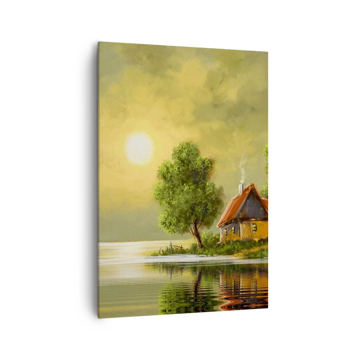 Impression sur toile - Image sur toile - Maison au bord du lac dans la lumière du coucher du soleil - 70x100cm - Beau, comme une image - Décoration murale moderne pour le salon et la chambre ARTTOR