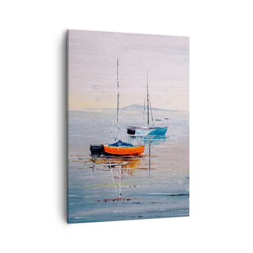 Impression sur toile - Image sur toile - Bateaux colorés sur une eau calme - 50x70cm - Un repos bien mérité - Décoration murale moderne pour le salon et la chambre ARTTOR