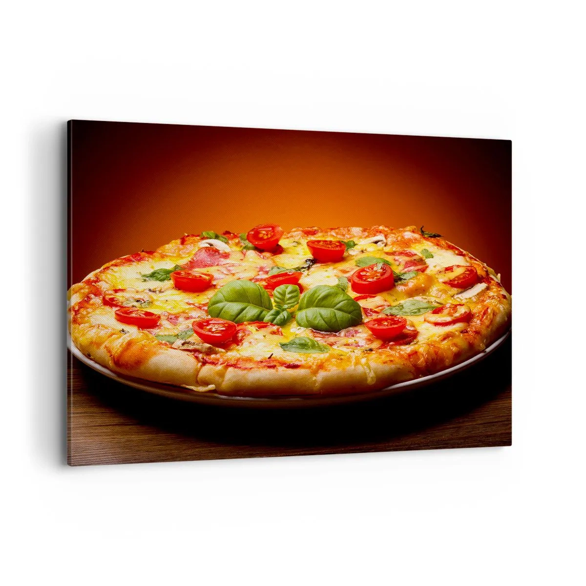 Impression sur toile - Image sur toile - Pizza aux tomates et au basilic sur une table en bois - 120x80cm - Mamma mia! - Décoration murale moderne pour le salon et la chambre ARTTOR
