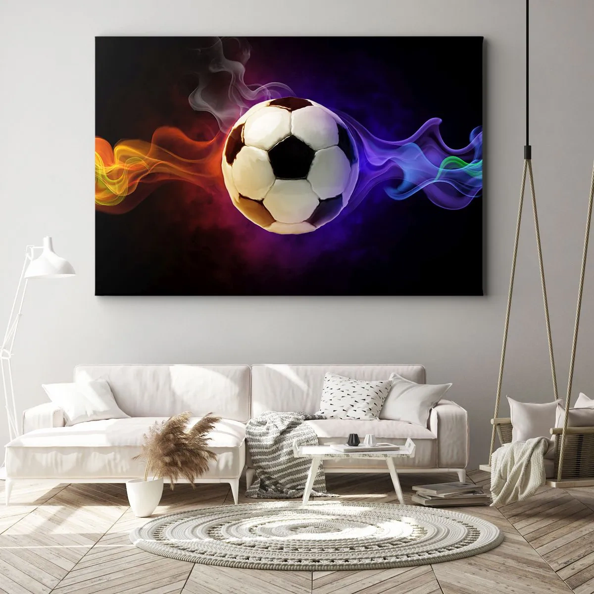 Impression sur toile - Image sur toile - Un ballon de football entouré d'effets de fumée colorés sur un fond sombre. - 120x80cm - Le pouvoir magique du jeu - Décoration murale moderne pour le salon et la chambre ARTTOR