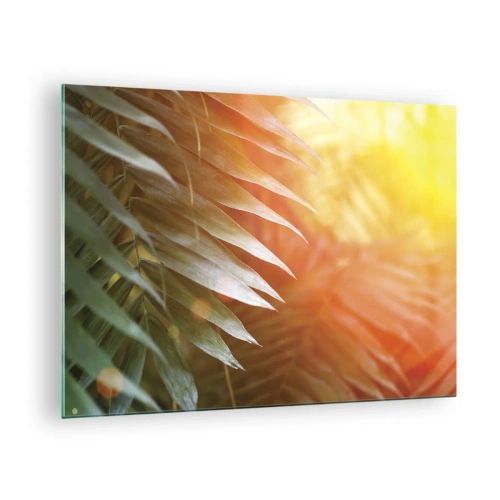 Impression sur verre - Image sur verre - Feuilles de palmier à la lueur du soleil du matin dans un cadre tropical - 70x50cm - Matinée dans la jungle - Décoration murale moderne pour le salon et la chambre ARTTOR