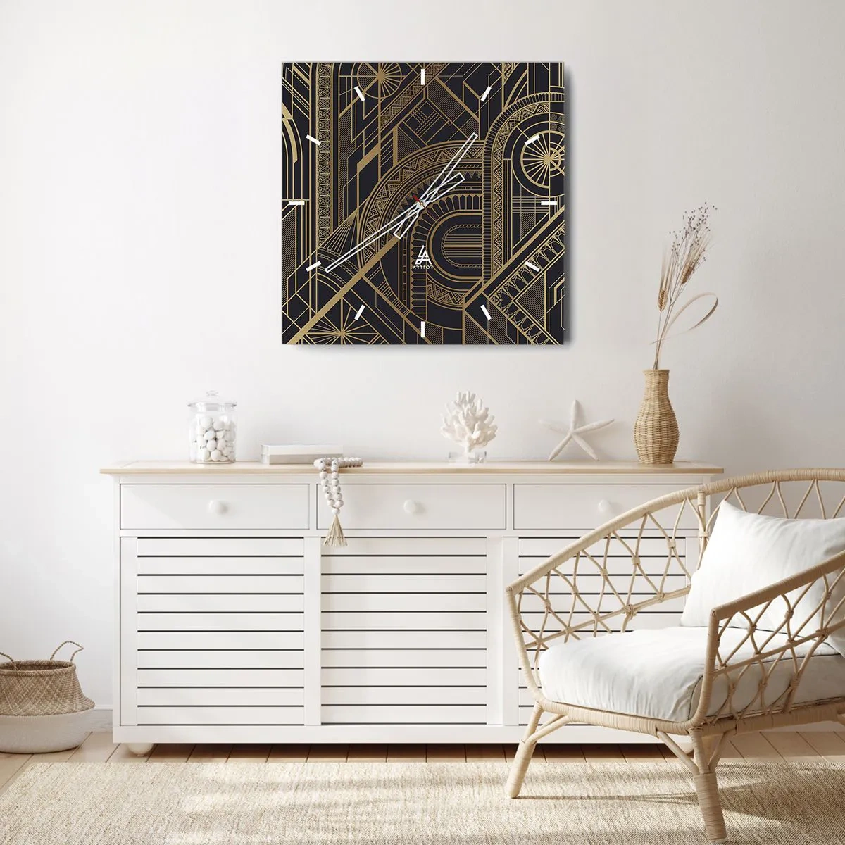 Horloge murale - Pendule murale - Motifs géométriques dorés sur fond noir dans le style Art Déco - 30x30cm - Concept, idée, plan - Décoration murale moderne pour le salon et la chambre ARTTOR