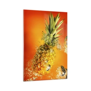 Impression sur verre - Image sur verre - Un ananas immergé dans l'eau sur un fond dégradé orange. - 80x120cm - Fraîcheur juteuse tropicale - Décoration murale moderne pour le salon et la chambre ARTTOR