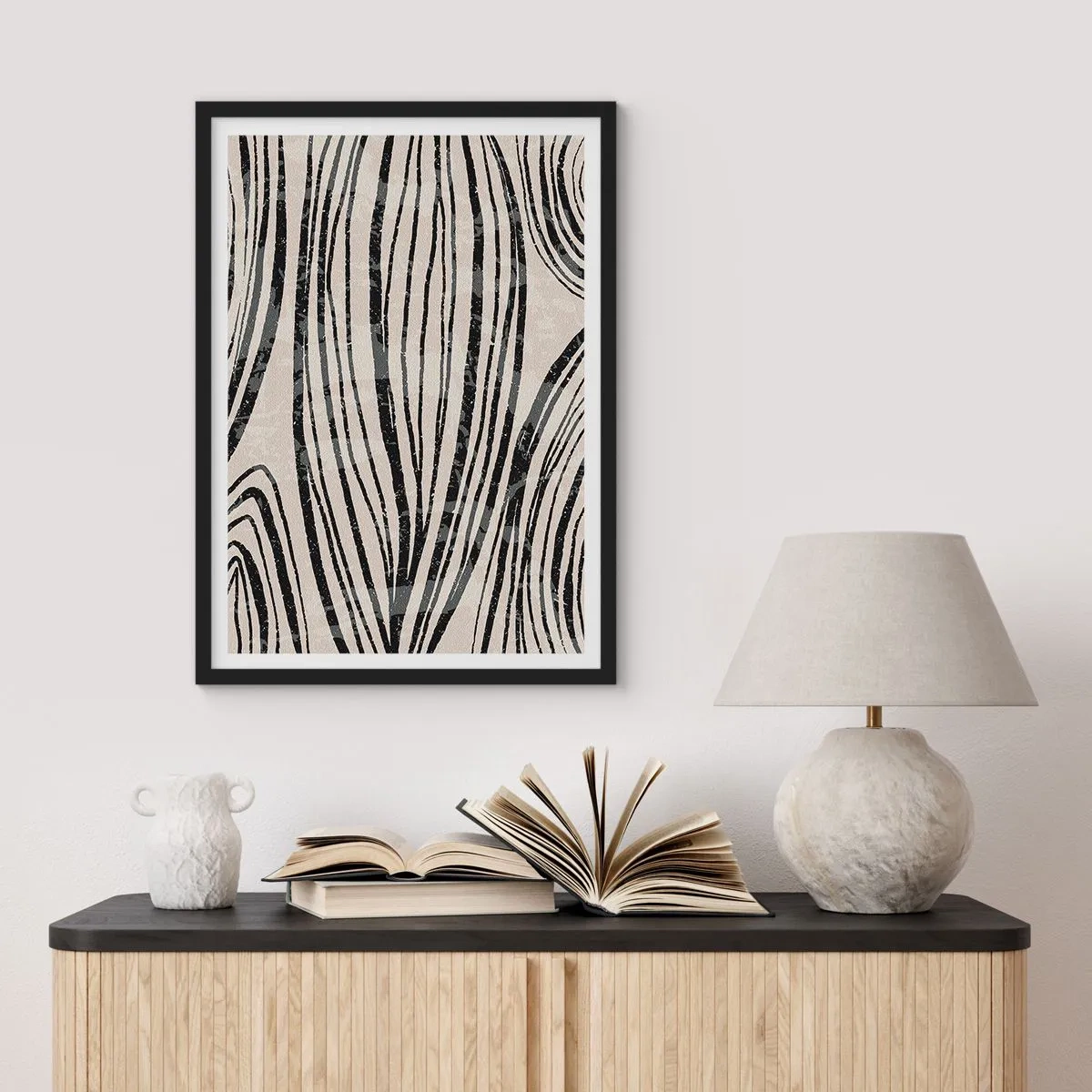 Affiche dans un cadre noir - Poster - Lignes noires abstraites sur fond beige - 50x70cm - Ligne de marécage - Décoration murale moderne pour le salon et la chambre ARTTOR