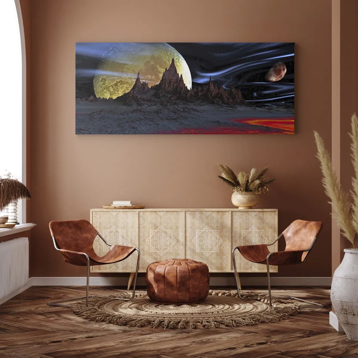Impression sur toile - Image sur toile - Un paysage fantastique avec des planètes et des paysages volcaniques - 160x50cm - Monde inconnu - Décoration murale moderne pour le salon et la chambre ARTTOR