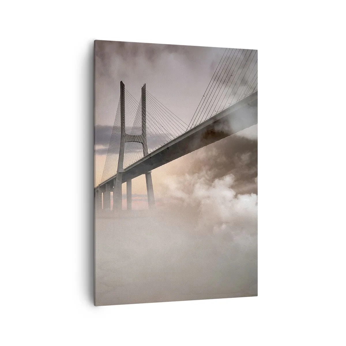 Impression sur toile - Image sur toile - Un pont sur une rivière entouré de brouillard le matin - 70x100cm - Sur la rivière qui n'existe pas - Décoration murale moderne pour le salon et la chambre ARTTOR