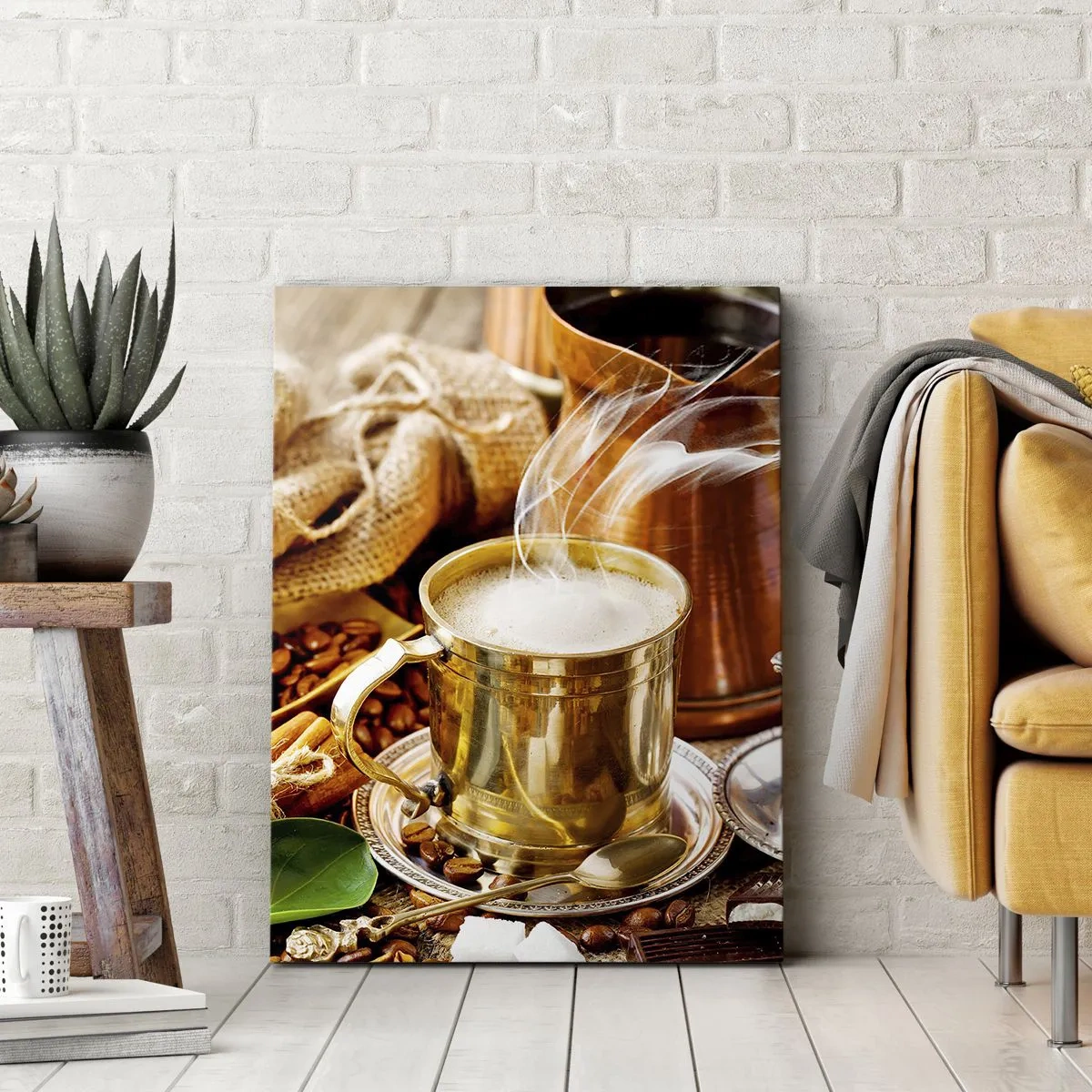 Impression sur toile - Image sur toile - Une tasse de café dorée entourée de grains, de cruches et de croissants - 80x120cm - Bonne journée! - Décoration murale moderne pour le salon et la chambre ARTTOR