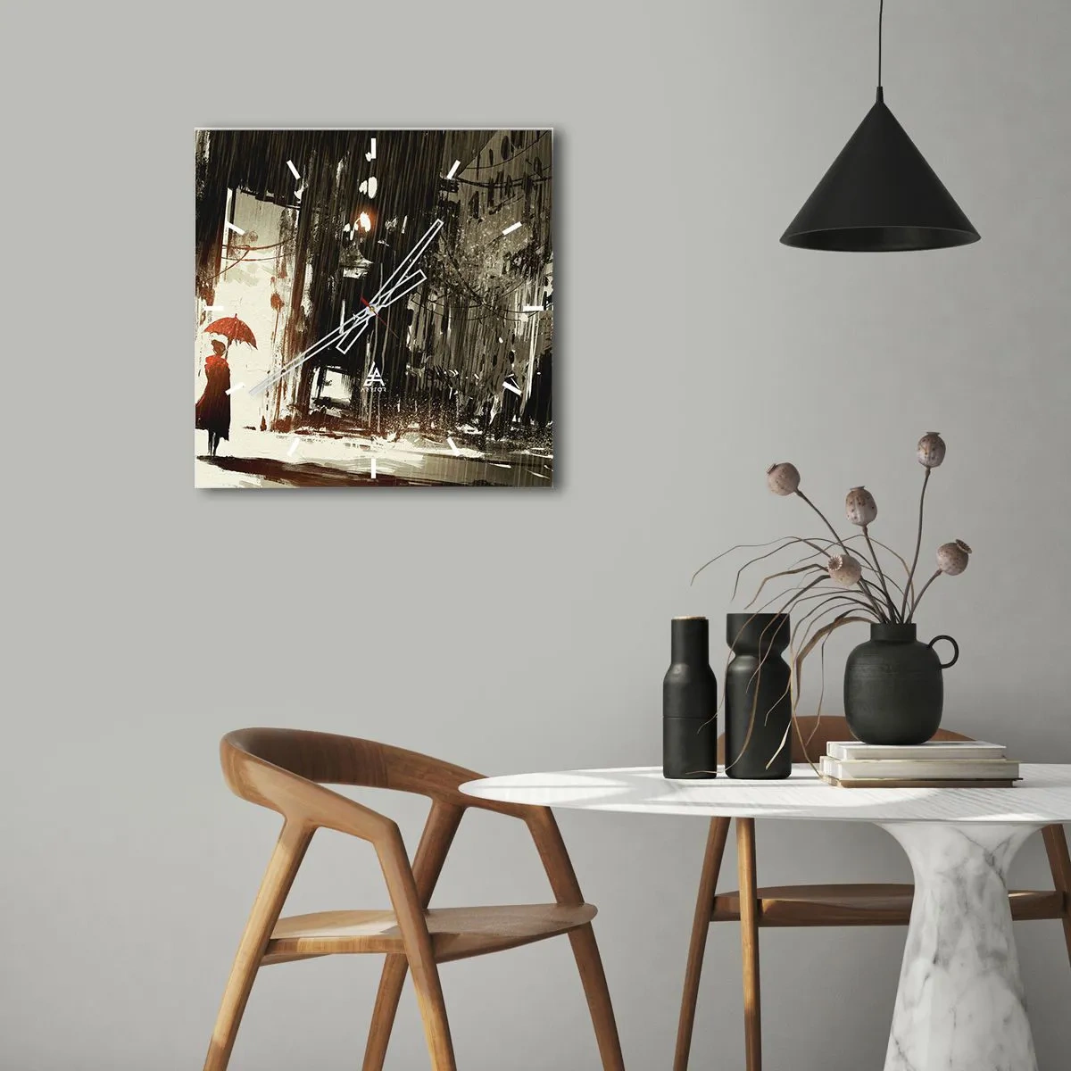 Horloge murale - Pendule murale - Une figure rouge avec un parapluie dans une scène pluvieuse - 30x30cm - La poésie du parapluie rouge - Décoration murale moderne pour le salon et la chambre ARTTOR