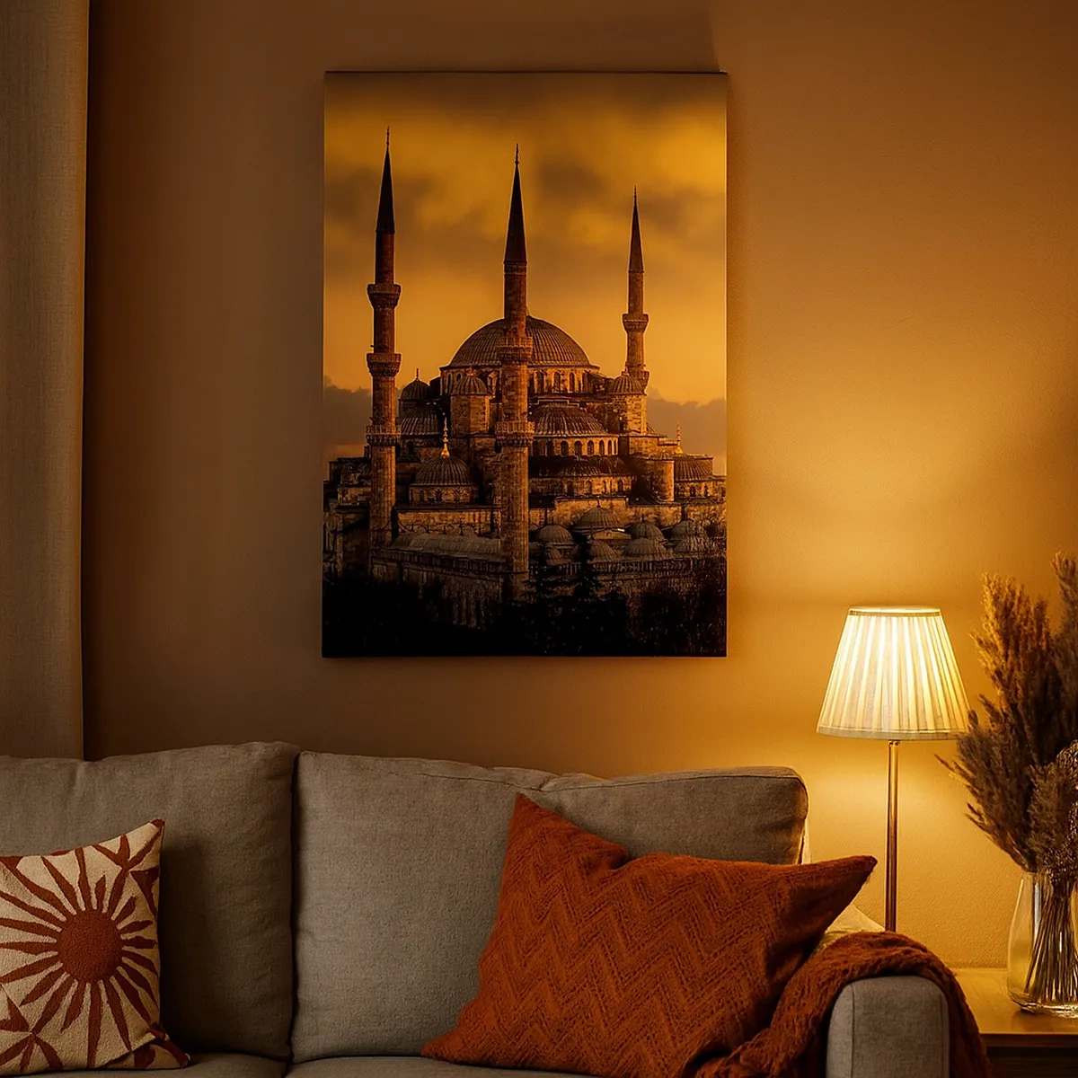 Impression sur toile - Image sur toile - La mosquée au coucher du soleil aux couleurs chaudes - 50x70cm - Dieu est grand - Décoration murale moderne pour le salon et la chambre ARTTOR