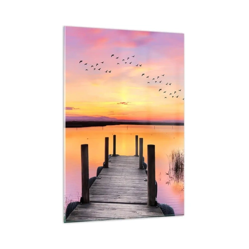 Impression sur verre - Image sur verre - Une jetée sur un lac au coucher du soleil avec des oiseaux dans le ciel - 80x120cm - Aube silencieuse violette - Décoration murale moderne pour le salon et la chambre ARTTOR