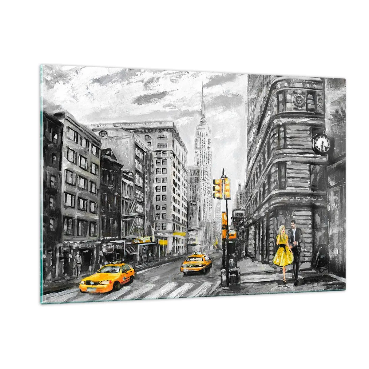 Impression sur verre - Image sur verre - Une illustration de la ville de New York dans des tons de noir et blanc avec des accents jaunes. - 120x80cm - Une histoire new-yorkaise - Décoration murale moderne pour le salon et la chambre ARTTOR