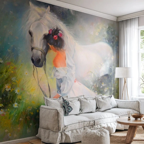 Papier Peint Autocollant Deluxe Sticker - Comme dans un beau rêve - Femme, Cheval, Prairie - 350x256 cm