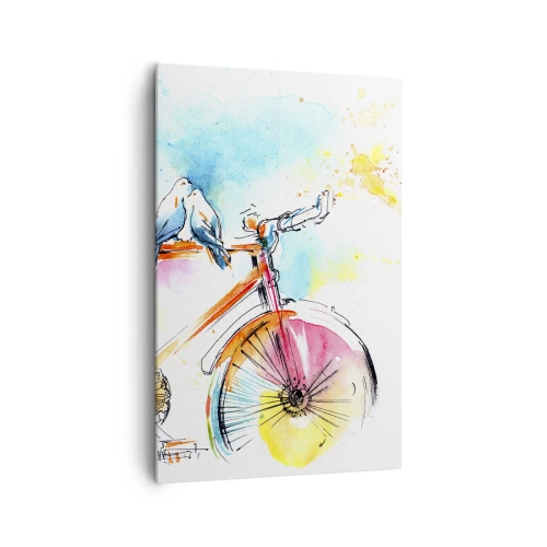 Impression sur toile - Image sur toile - Aquarelle colorée d'un vélo avec des oiseaux assis dessus - 80x120cm - À deux en vélo - Décoration murale moderne pour le salon et la chambre ARTTOR