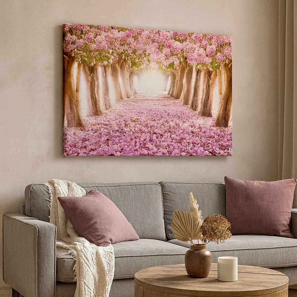 Impression sur toile - Image sur toile - Une avenue d'arbres fleuris aux tons roses - 70x50cm - La route du paradis - Décoration murale moderne pour le salon et la chambre ARTTOR