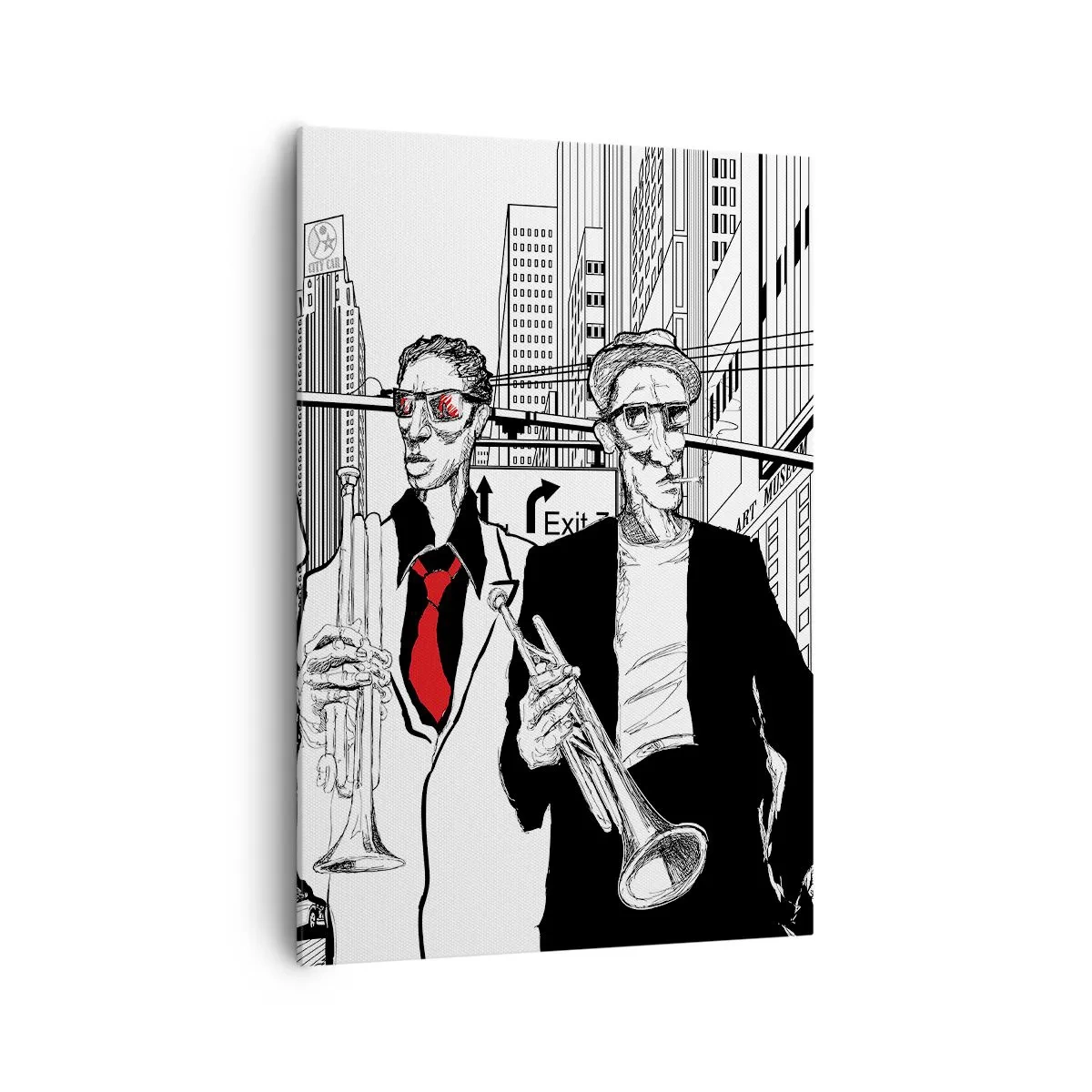 Impression sur toile - Image sur toile - Illustration de musiciens de jazz sur fond urbain - 70x100cm - Rhapsodie urbaine en noir et rouge - Décoration murale moderne pour le salon et la chambre ARTTOR
