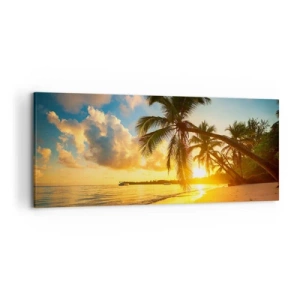 Impression sur toile - Image sur toile - Plage au coucher du soleil avec des palmiers au bord de la mer - 120x50cm - Rêve caribéen - Décoration murale moderne pour le salon et la chambre ARTTOR