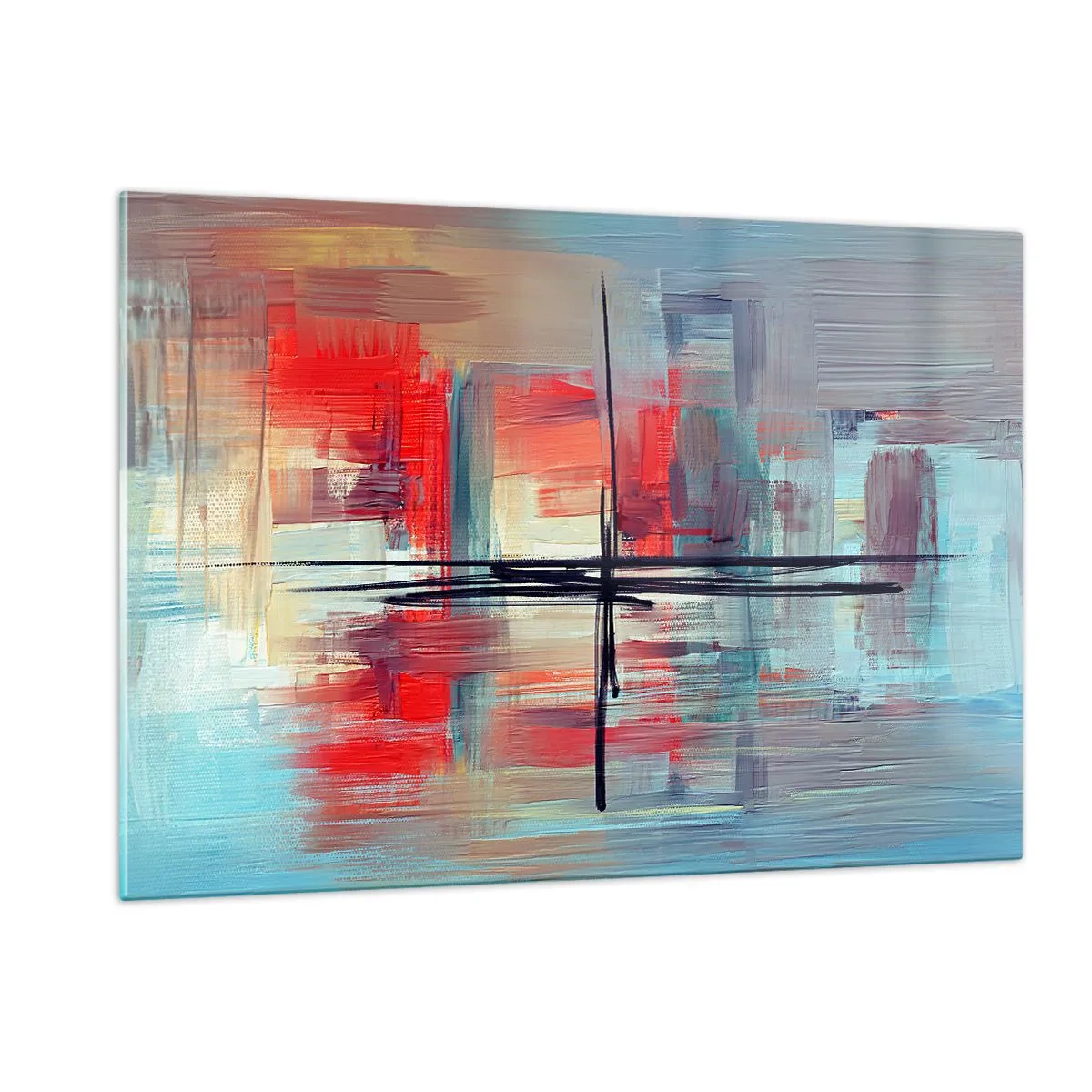 Impression sur verre - Image sur verre - Une abstraction colorée avec du rouge et du bleu, inspirée d'un paysage. - 120x80cm - Un paysage dans une dimension inconnue - Décoration murale moderne pour le salon et la chambre ARTTOR
