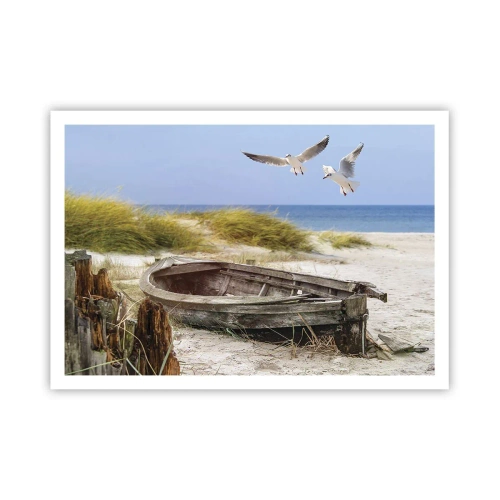 Affiche - Poster - Bateau abandonné sur une plage avec des mouettes - 100x70cm - Bain de vent - Décoration murale moderne pour le salon et la chambre ARTTOR