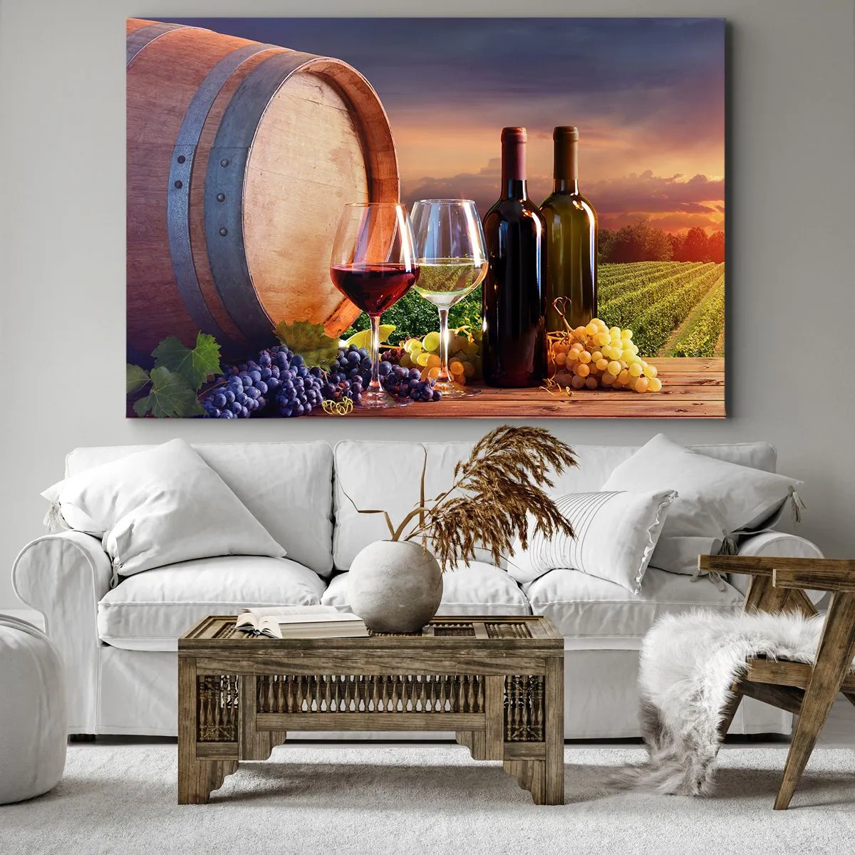 Impression sur toile - Image sur toile - Du vin, des verres et un tonneau dans un paysage pittoresque - 100x70cm - Ici la vie a du goût - Décoration murale moderne pour le salon et la chambre ARTTOR