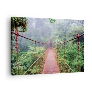 Impression sur toile - Image sur toile - Un pont suspendu dans une jungle tropicale entourée de brouillard - 70x50cm - Suspendu sur les couronnes - Décoration murale moderne pour le salon et la chambre ARTTOR