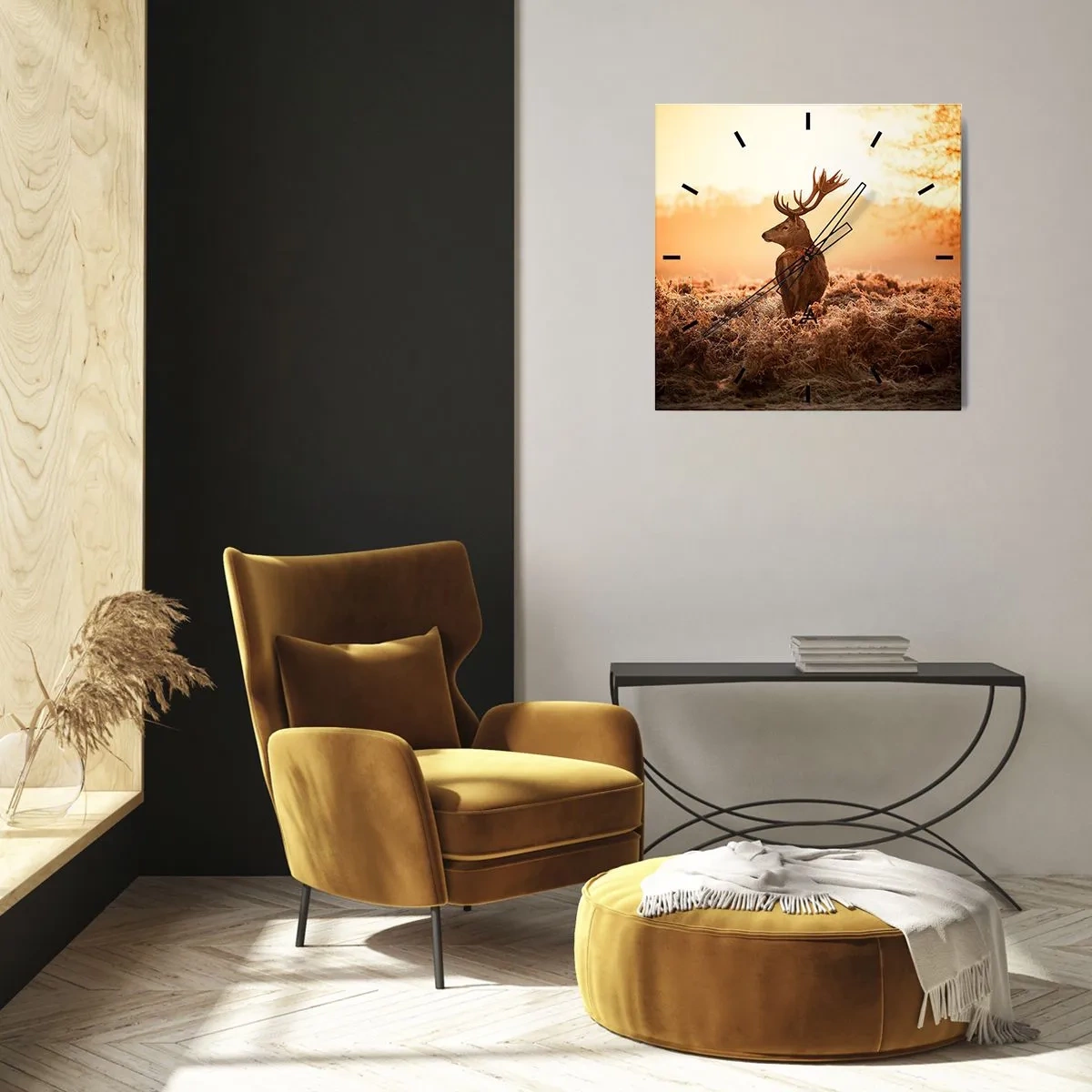 Horloge murale - Pendule murale - Cerf dans les rayons du soleil levant - 30x30cm - Seigneur du domaine - Décoration murale moderne pour le salon et la chambre ARTTOR