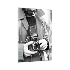 Impression sur verre - Image sur verre - Photo en noir et blanc d'un homme avec un appareil photo rétro - 70x100cm - Dans un style rétro - Décoration murale moderne pour le salon et la chambre ARTTOR