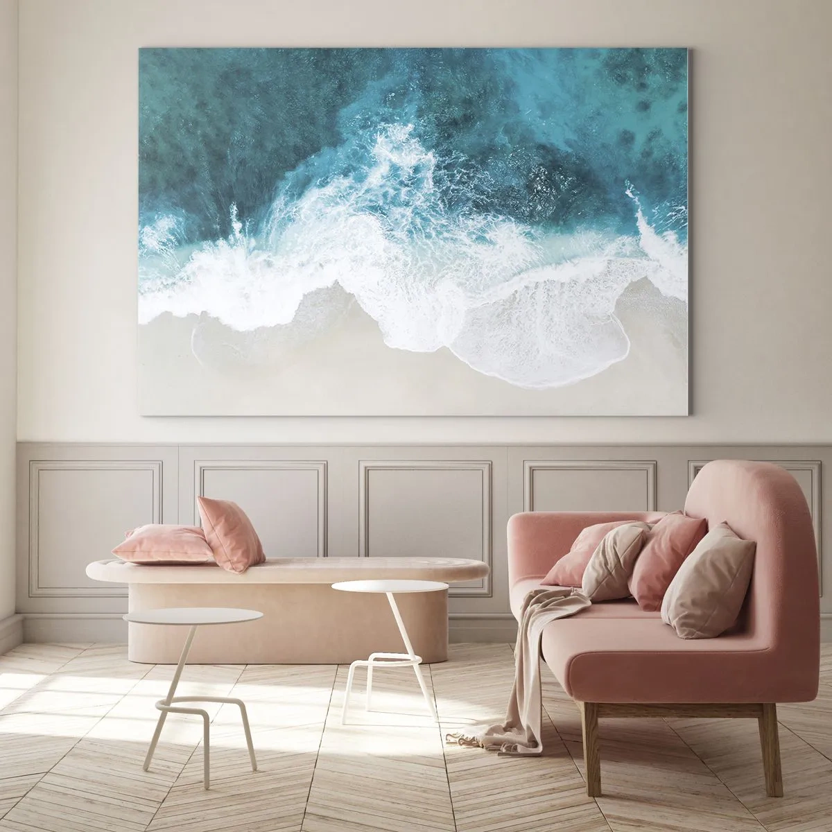Impression sur verre - Image sur verre - Vue aérienne des vagues de la mer s'écrasant contre le rivage - 100x70cm - Caresse naturelle - Décoration murale moderne pour le salon et la chambre ARTTOR