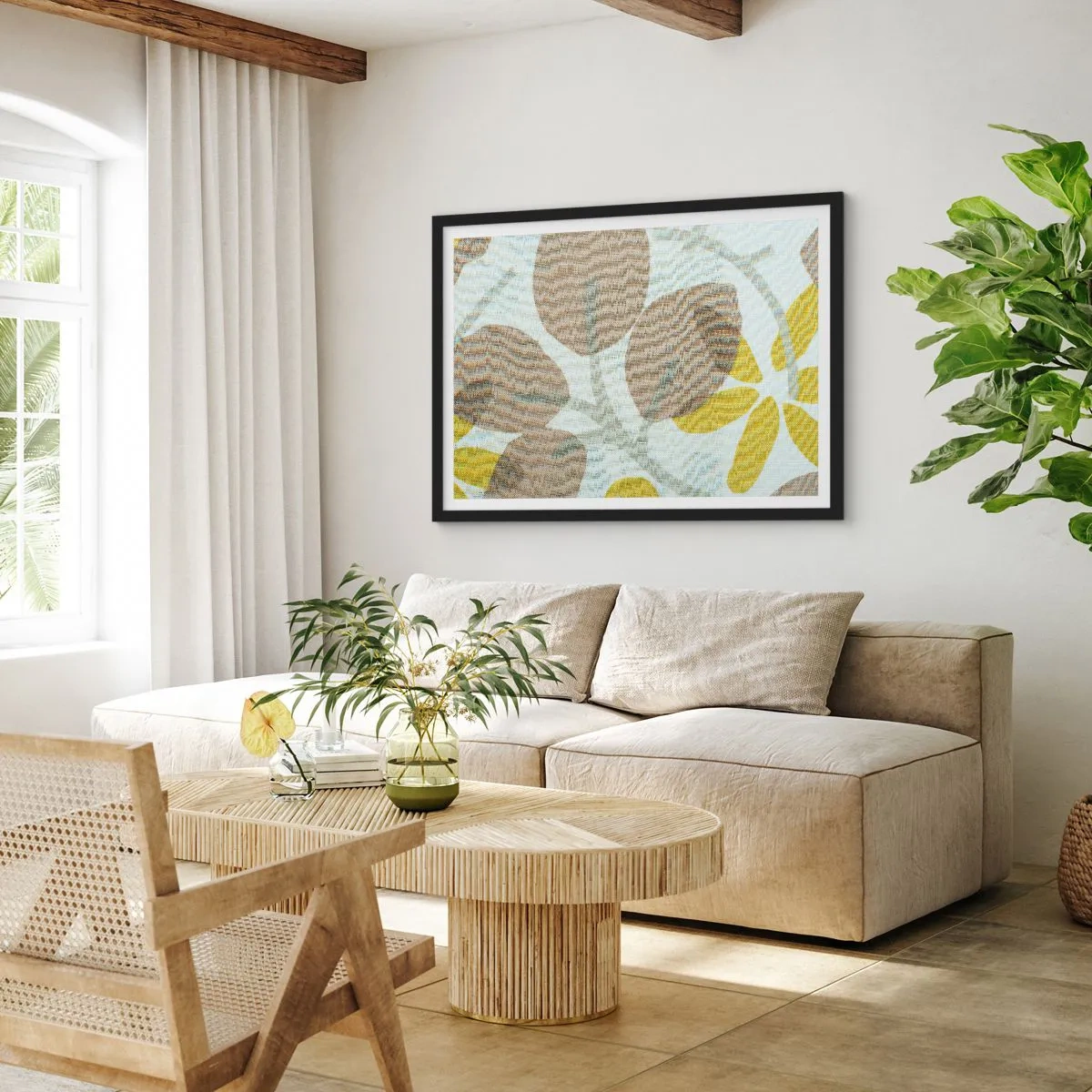 Affiche dans un cadre noir - Poster - Feuilles abstraites dans les tons beige et jaune - 70x50cm - Composition en plein soleil - Décoration murale moderne pour le salon et la chambre ARTTOR