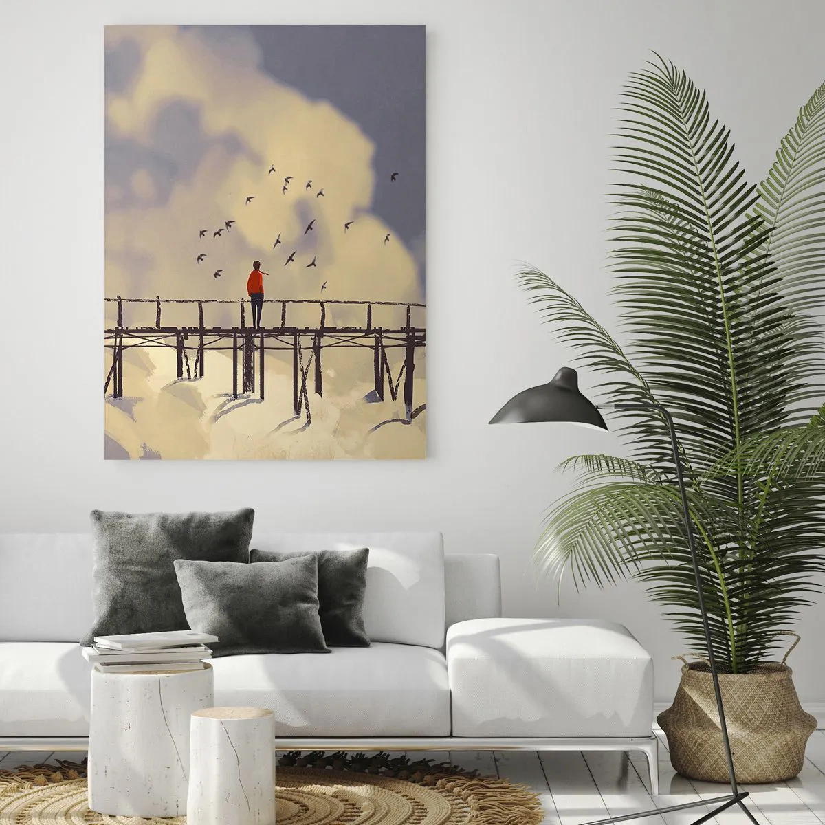 Impression sur verre - Image sur verre - Une silhouette sur un pont parmi les nuages avec des oiseaux dans le ciel - 70x100cm - Bleu nostalgie - Décoration murale moderne pour le salon et la chambre ARTTOR