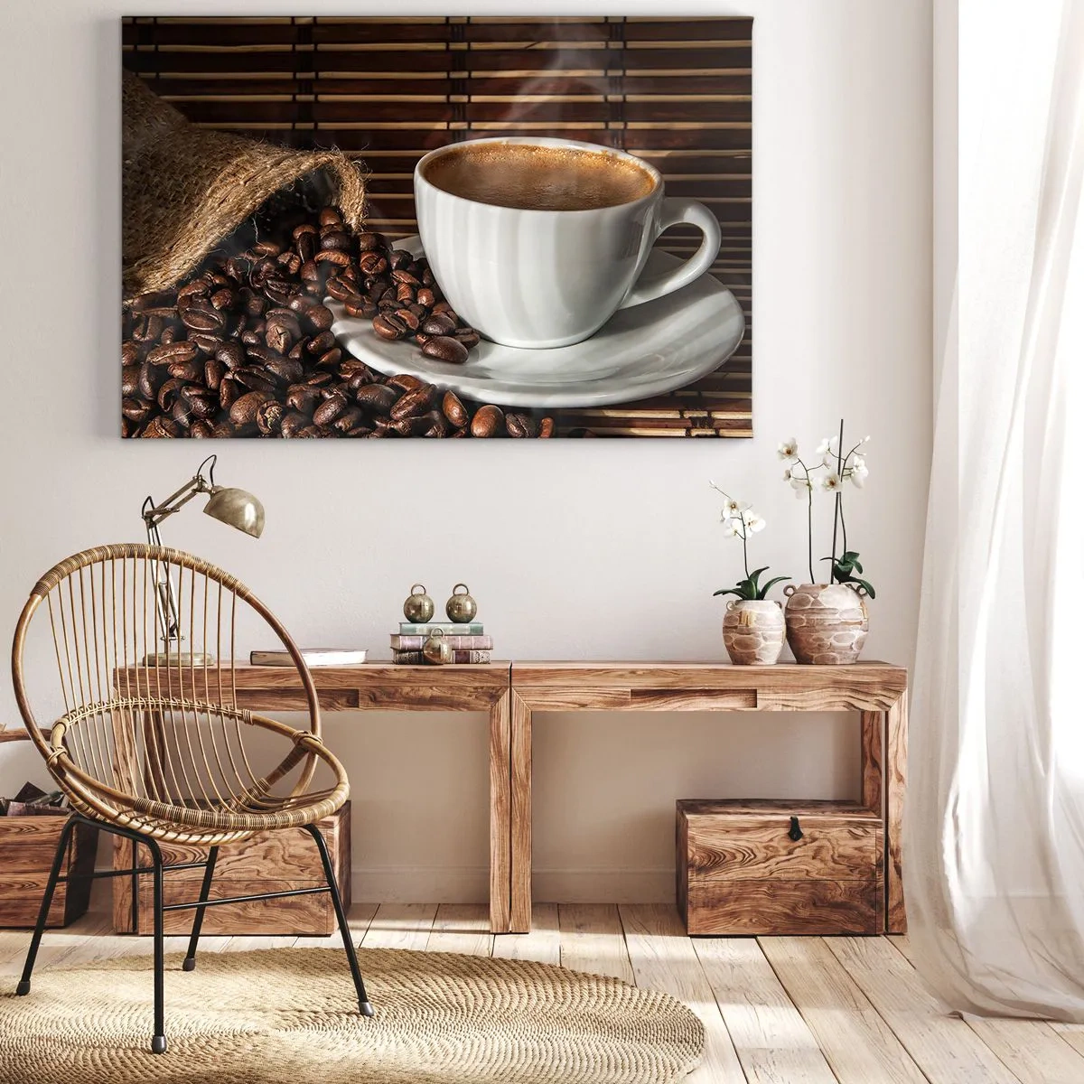 Impression sur toile - Image sur toile - Une tasse de café avec des grains sur un fond de bambou - 100x70cm - La noirceur du charbon, la clarté de l'ambre - Décoration murale moderne pour le salon et la chambre ARTTOR