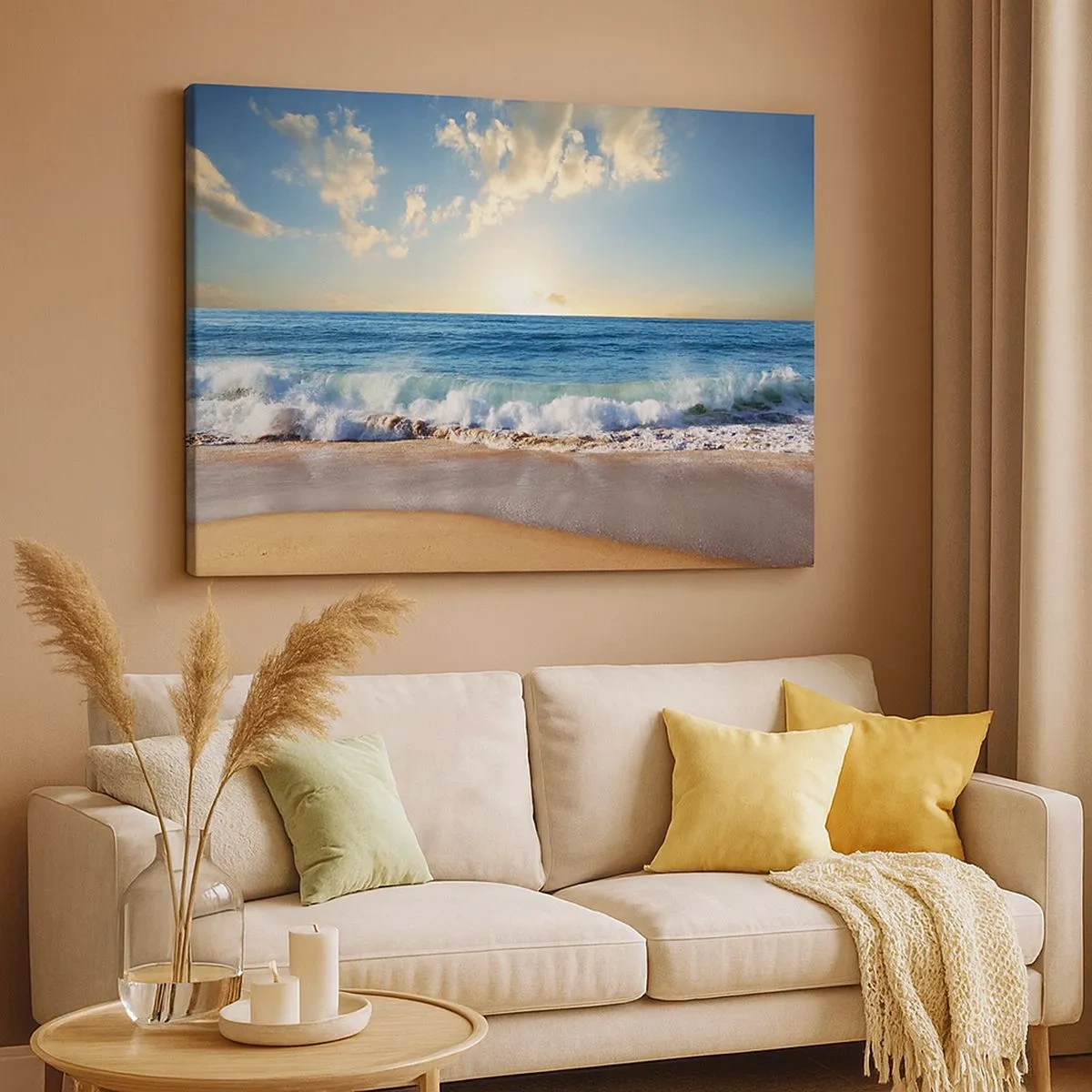 Impression sur toile - Image sur toile - Une plage ensoleillée avec des vagues s'écrasant sur le rivage - 70x50cm - Mouvement et immobilité à la fois - Décoration murale moderne pour le salon et la chambre ARTTOR