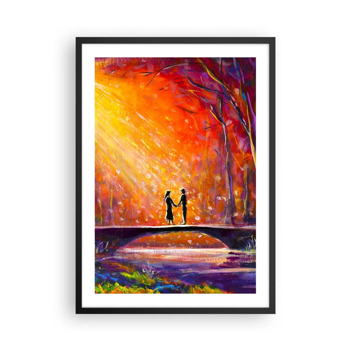 Affiche dans un cadre noir - Poster - Un couple sur un pont entouré d'un paysage coloré - 50x70cm - Le ciel les aime aussi - Décoration murale moderne pour le salon et la chambre ARTTOR