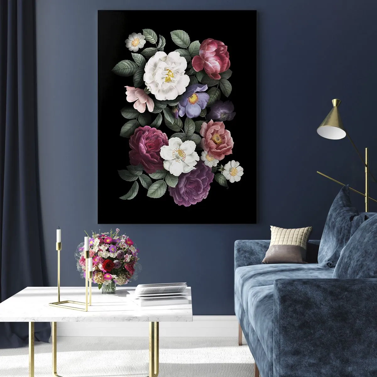 Impression sur verre - Image sur verre - Fleurs de différentes couleurs sur fond noir - 70x100cm - D'un jardin anglais - Décoration murale moderne pour le salon et la chambre ARTTOR