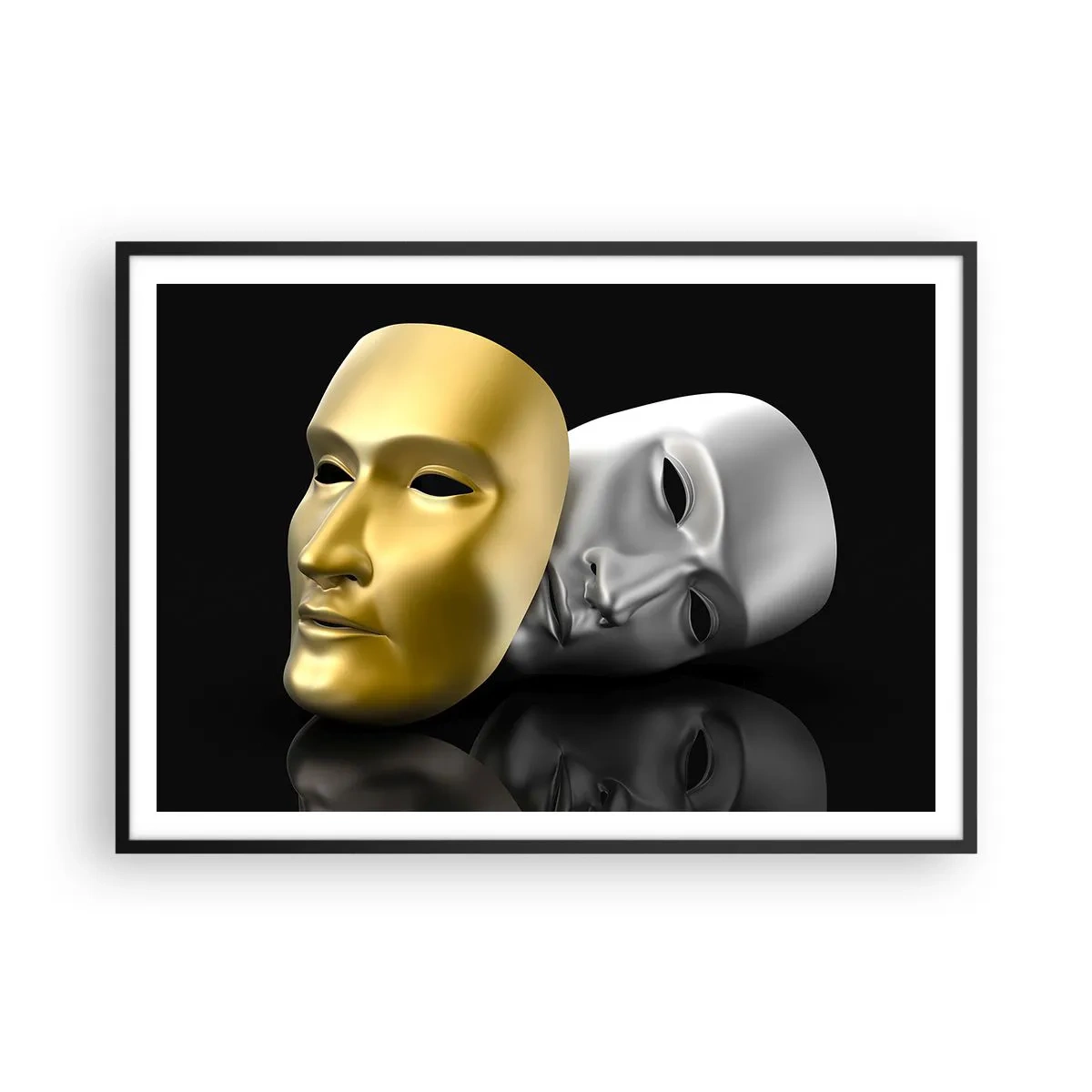 Affiche dans un cadre noir - Poster - Masque d'or et d'argent sur fond noir - 100x70cm - La vie est un théâtre - Décoration murale moderne pour le salon et la chambre ARTTOR